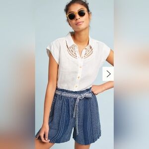 Anthropologie Blue and White Notched Collar Blouse